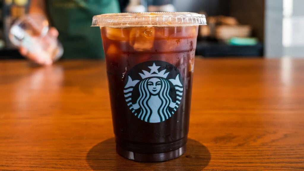 A cup of Starbucks decaf iced coffee at Starbucks